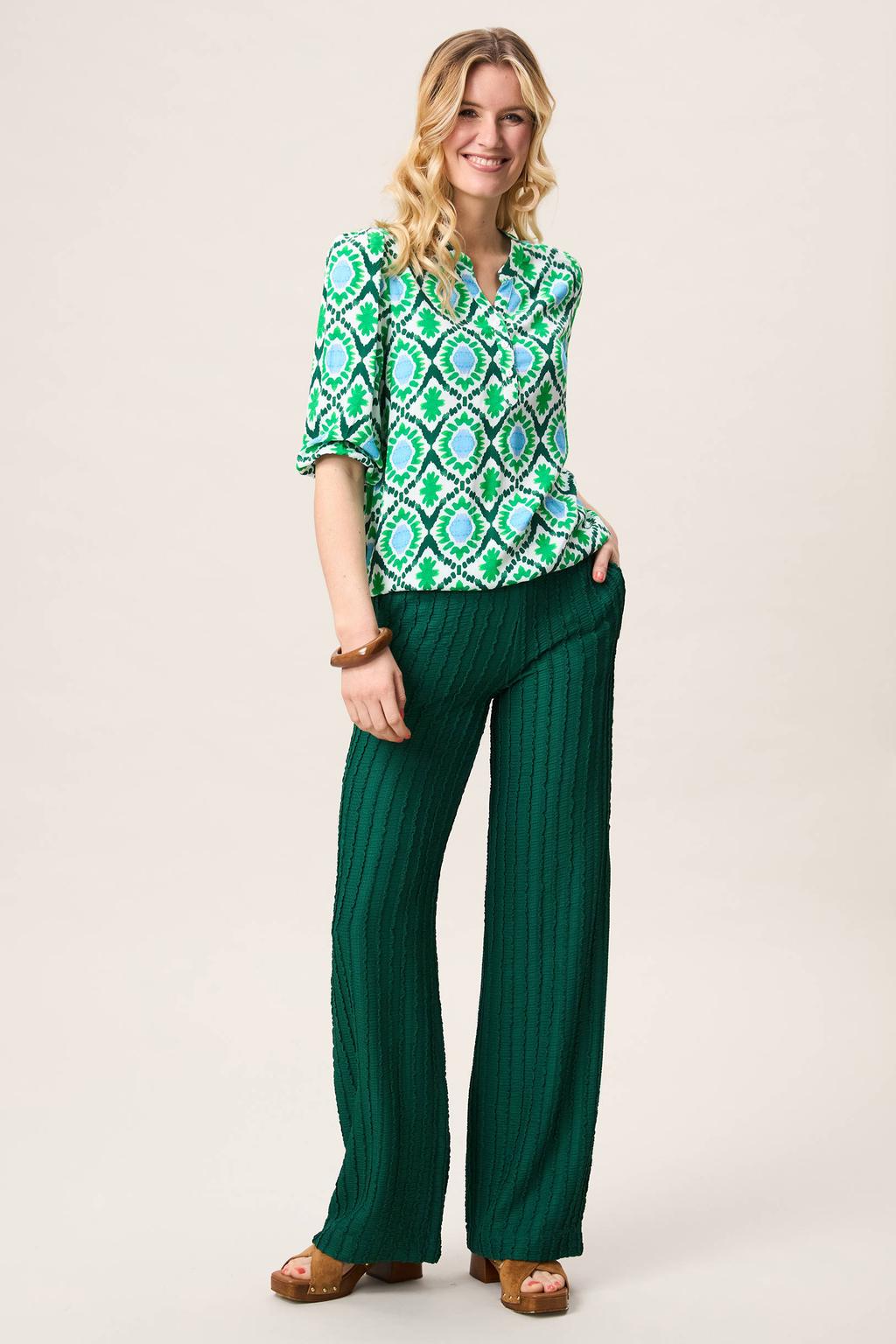 Groene dames Miss Etam top van viscose met lange mouwen en klassieke kraag