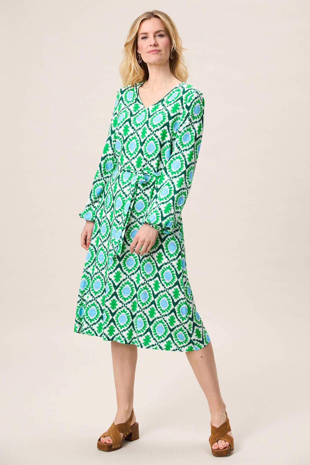 Groene dames Miss Etam midi jurk van viscose met lange mouwen, V-hals en striksluiting