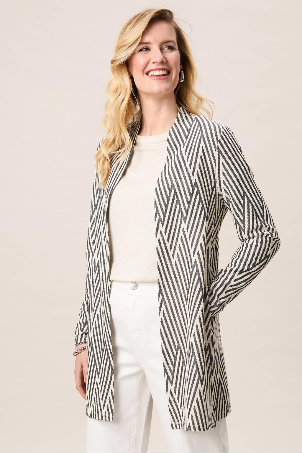 Crème, creme en zwarte dames Miss Etam lang vest crème van katoen met lange mouwen en ronde hals