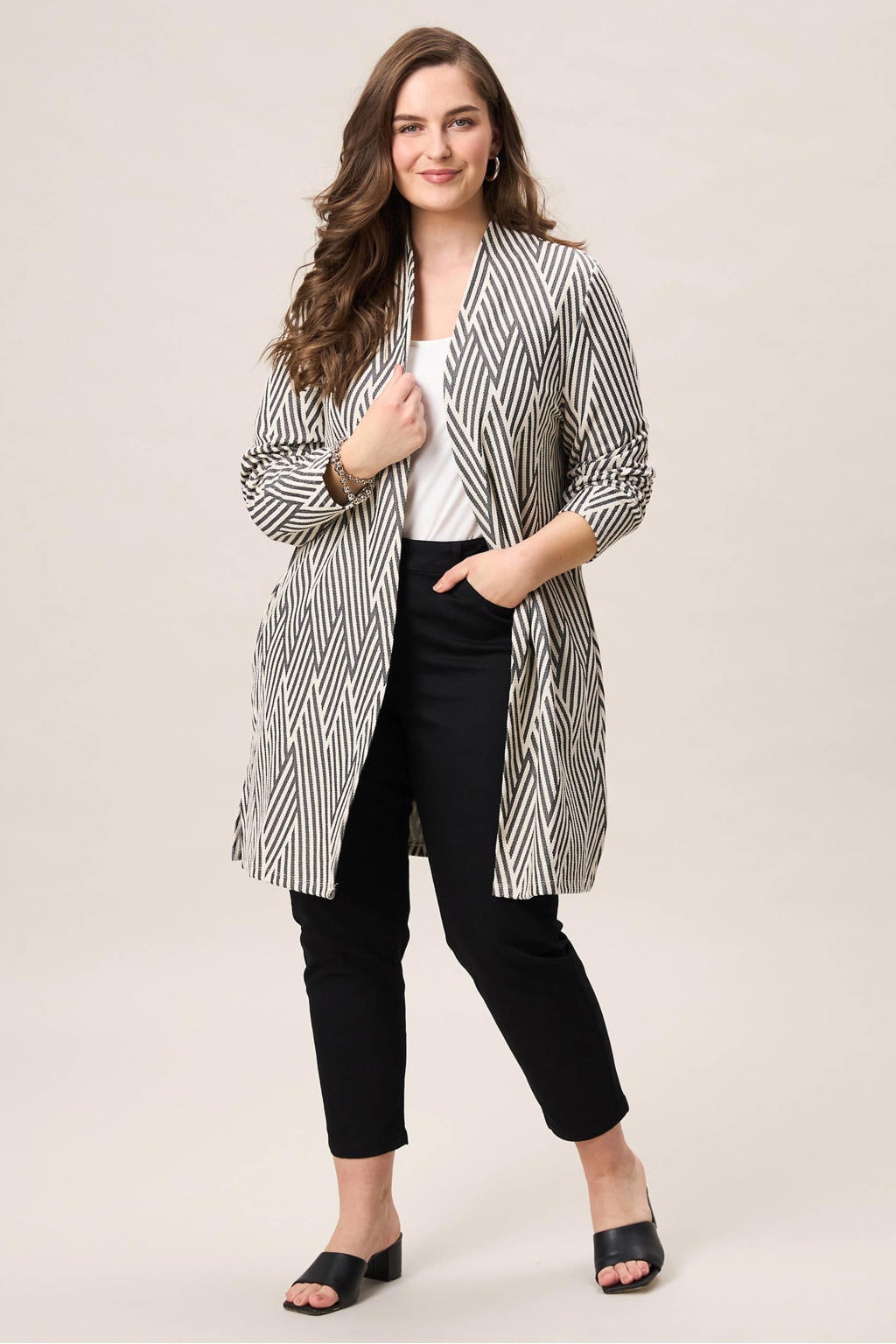 Crème dames Miss Etam Plus lang vest crème van katoen met driekwart mouwen