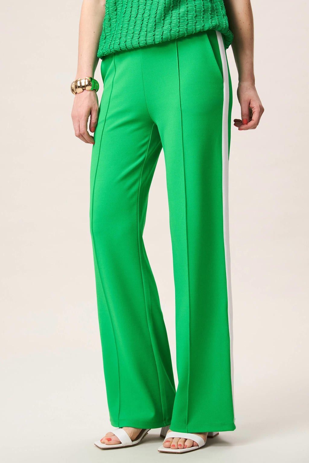 Groen en ecru dames Miss Etam straight high waist casual broek van polyester met elastische tailleband en effen