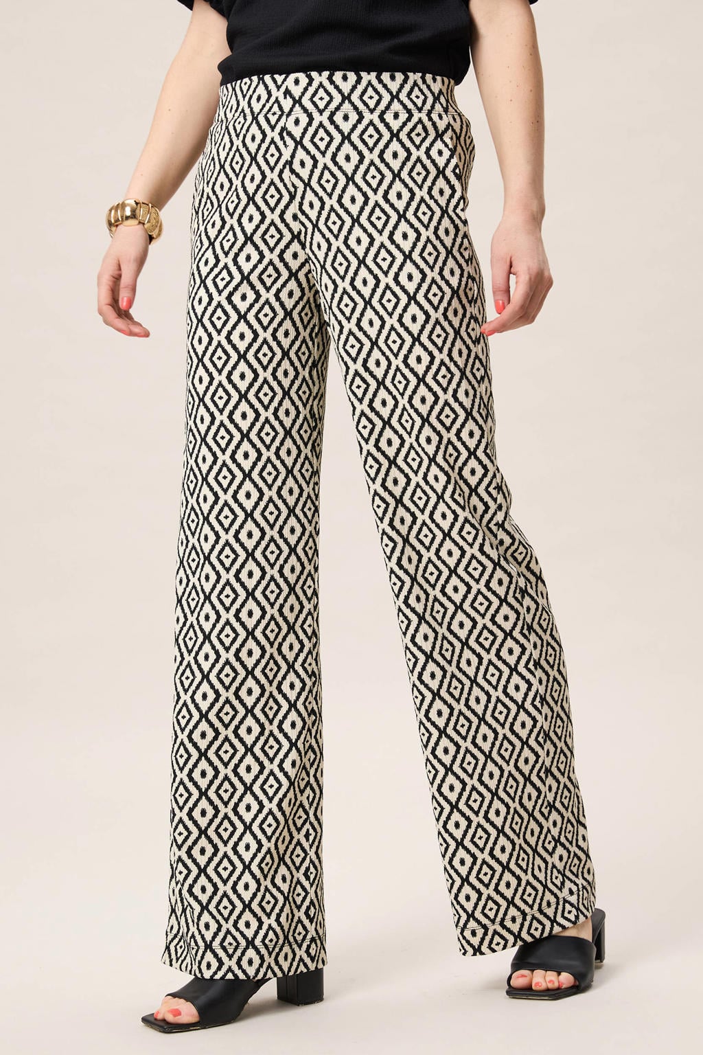 Zwart en cremekleurige dames Miss Etam wide leg high waist broek