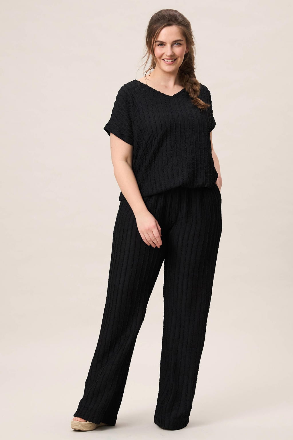 Zwarte dames Miss Etam Plus wide leg high waist broek van katoen met rits- en knoopsluiting en effen