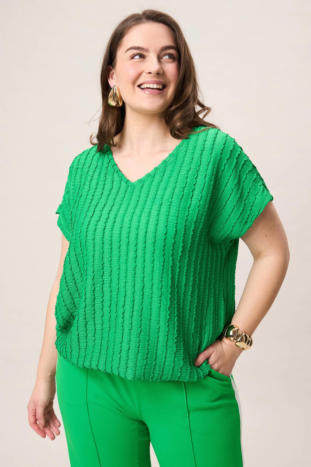 Groene dames Miss Etam Plus top van polyester met effen, korte mouwen en textuur