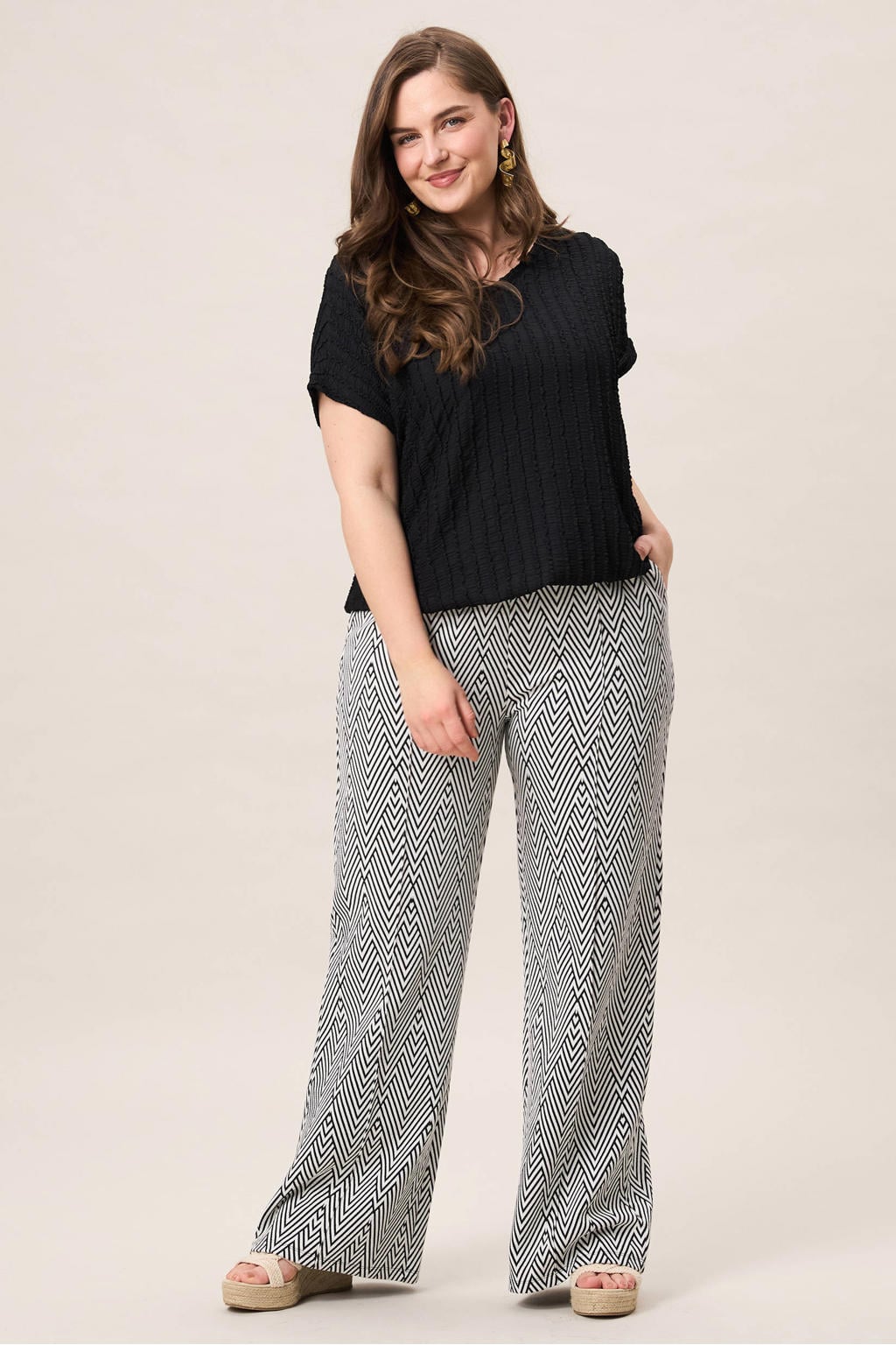 Ecru en zwarte dames Miss Etam Plus wide leg high waist broek