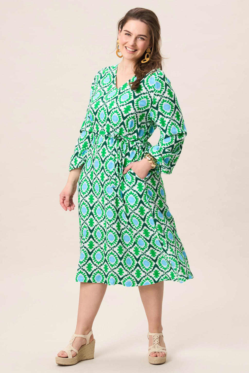 Groen, blauw en ecru dames Miss Etam Plus midi jurk van polyester met effen, lange mouwen en elastische tailleband