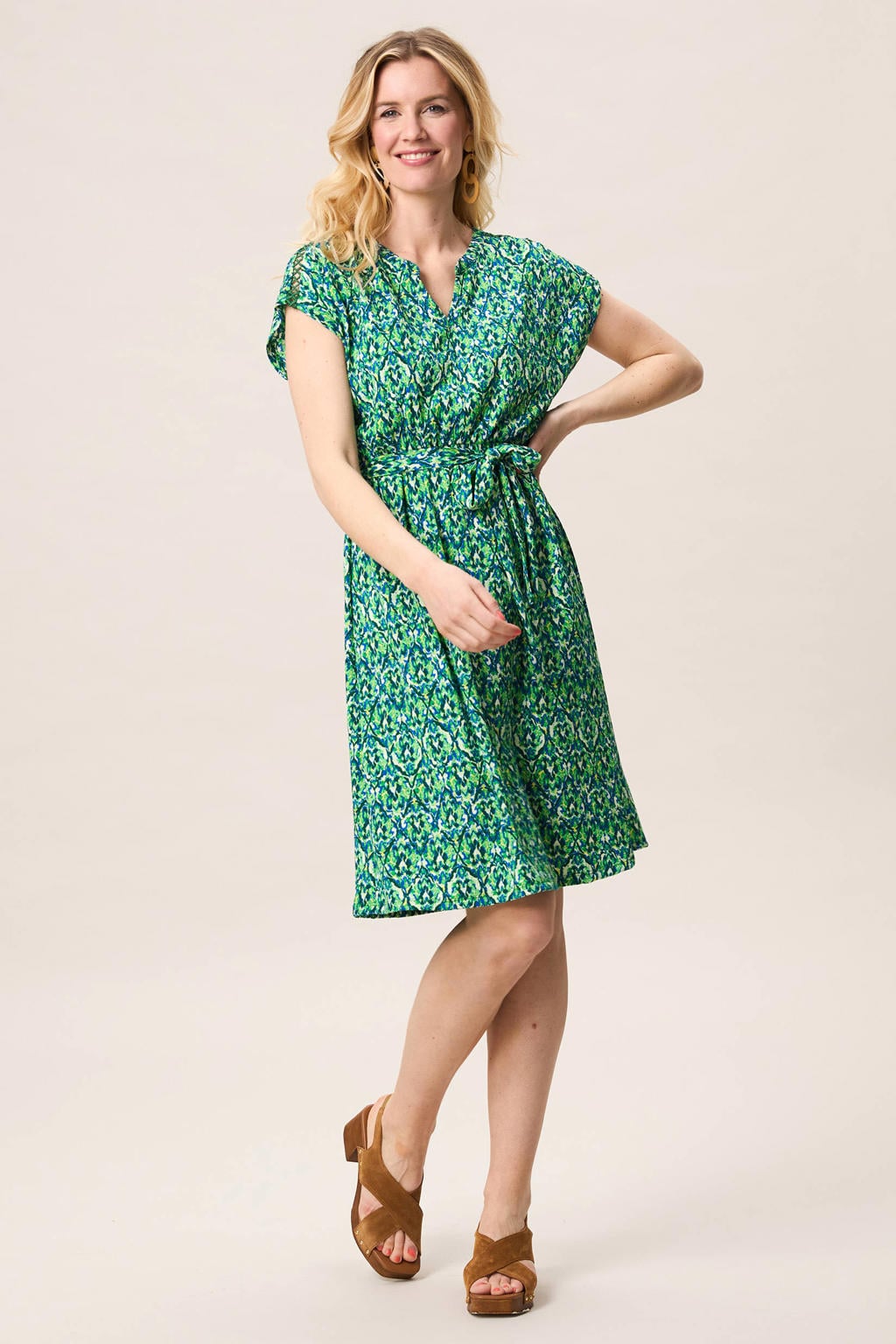 Groene dames Miss Etam mini jurk van polyester met korte mouwen, V-hals en striksluiting