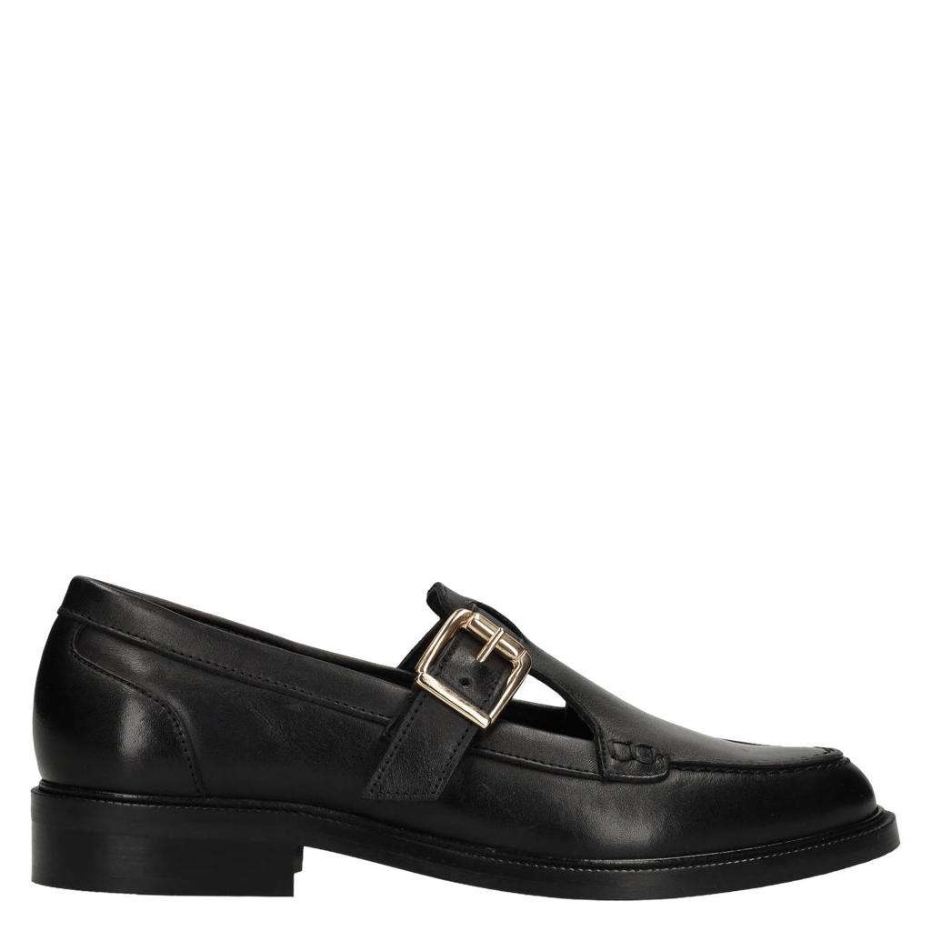 Zwarte dames Manfield leren loafers met gesp