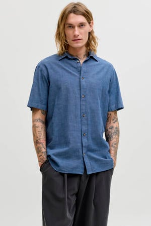 regular casual overhemd met linnen blauw