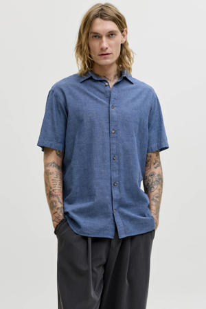 regular casual overhemd met linnen blauw