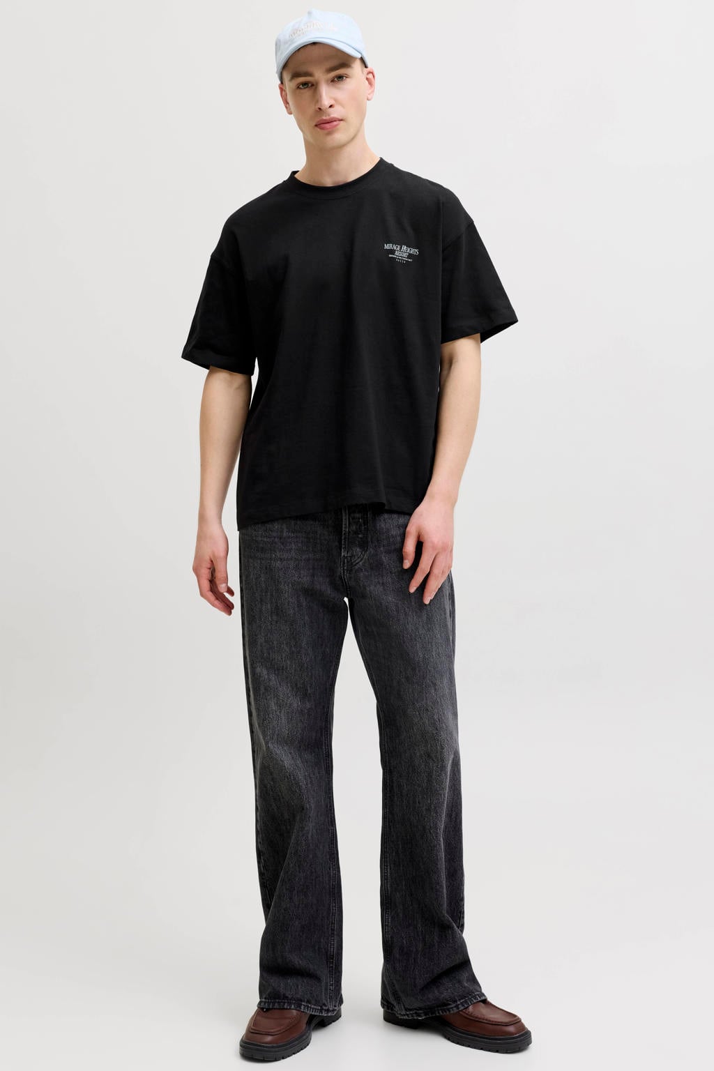 Zwarte heren JACK & JONES ORIGINALS relaxed fit T-shirt van katoen met korte mouwen en ronde hals