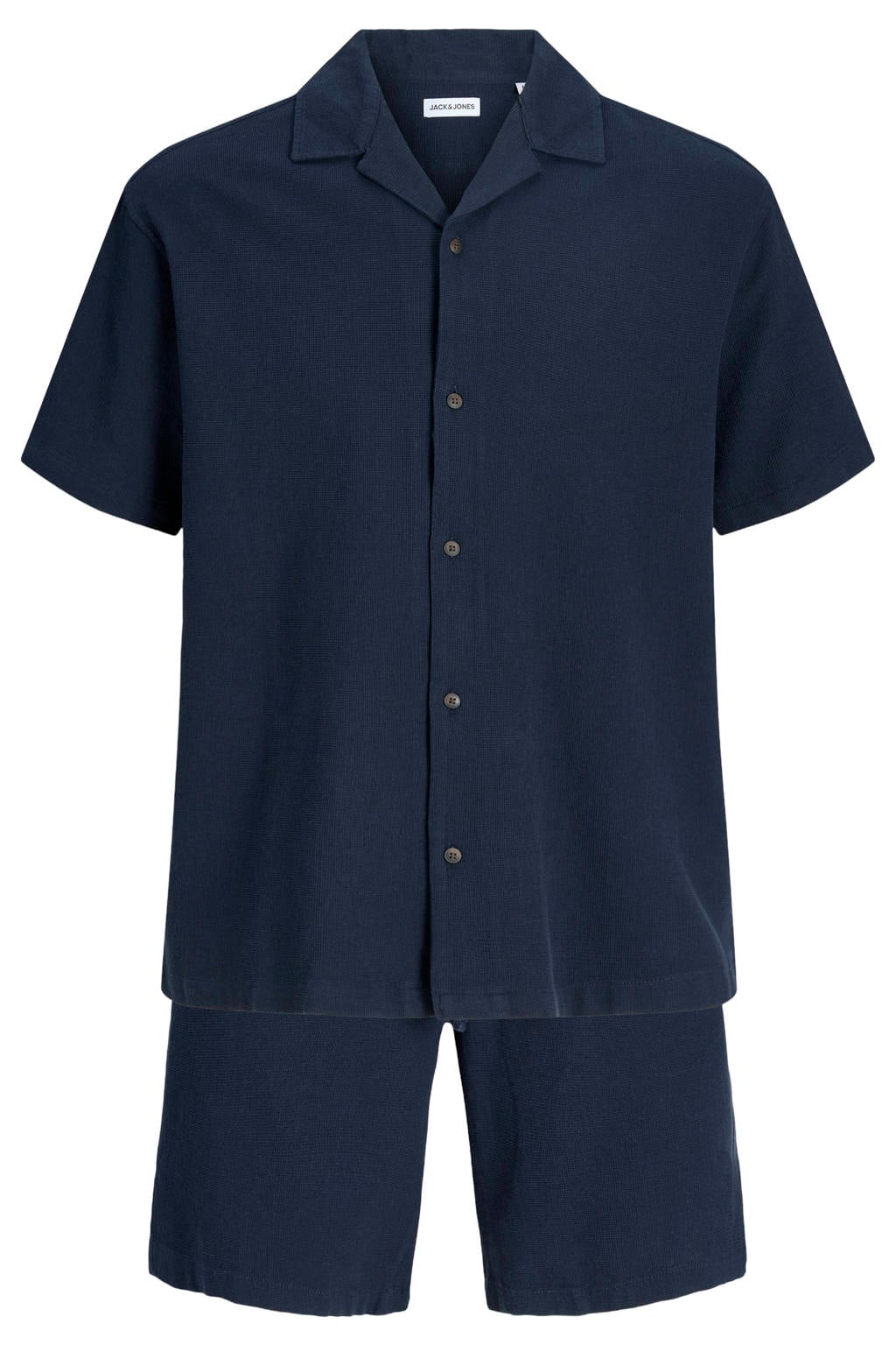 Set van 2 donkerblauwe heren JACK & JONES relaxed casual overhemd van katoen met effen, korte mouwen, reverskraag, knoopsluiting en wafel