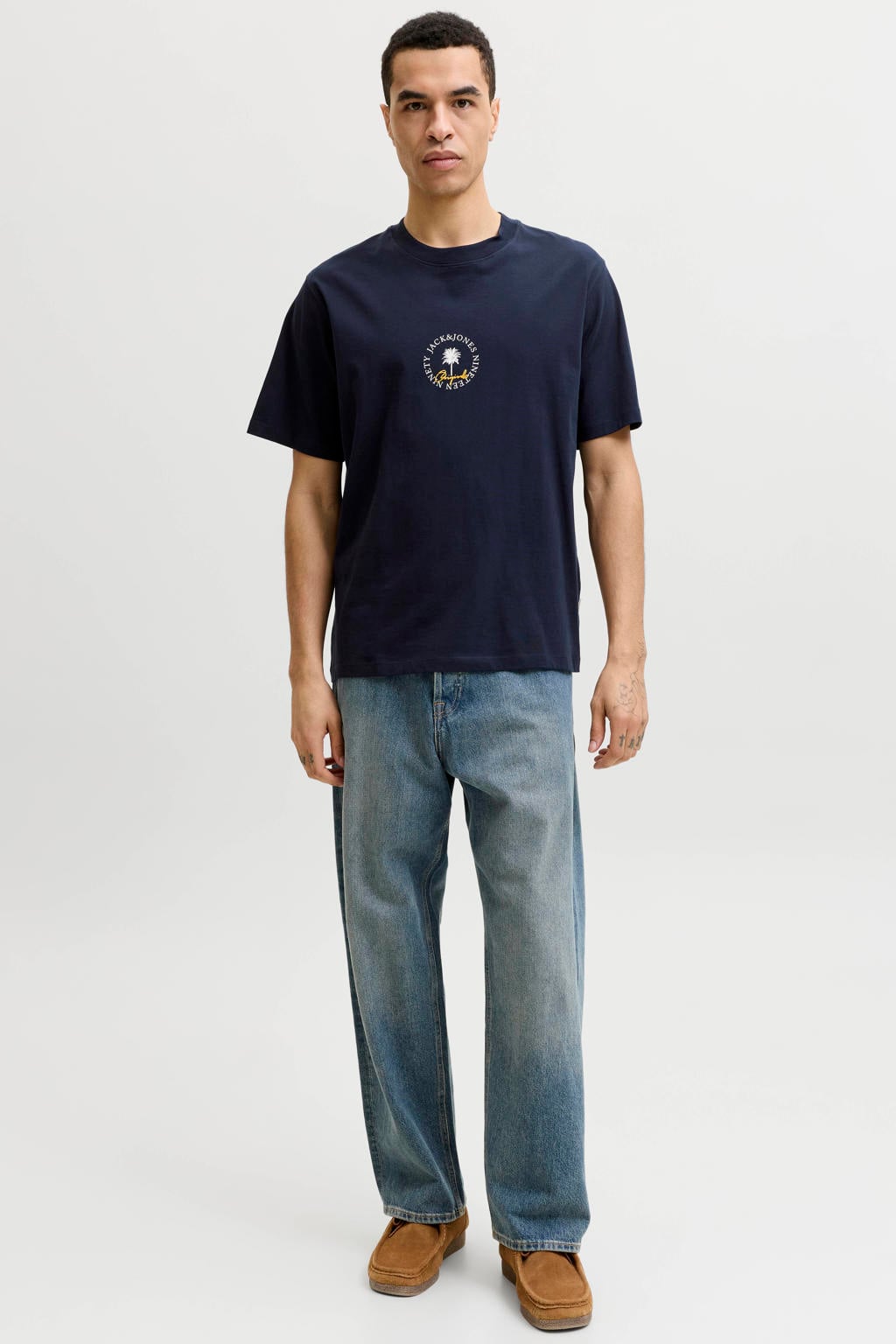 Donkerblauwe heren JACK & JONES ORIGINALS relaxed T-shirt van katoen met printopdruk, korte mouwen en ronde hals