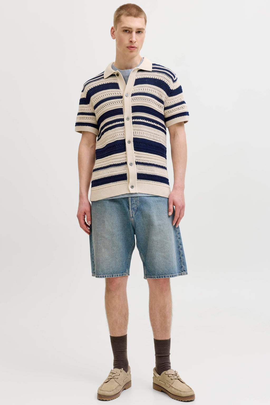 Donkerblauwe heren JACK & JONES PREMIUM regular gestreept casual overhemd gebreid van katoen met korte mouwen, klassieke kraag en knoopsluiting