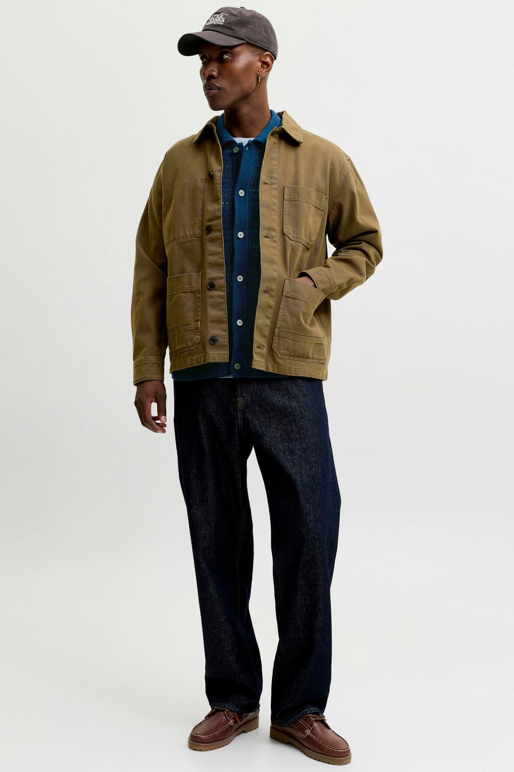 Blauwe heren JACK & JONES PREMIUM regular casual overhemd gebreid van katoen met effen, korte mouwen, klassieke kraag en knoopsluiting
