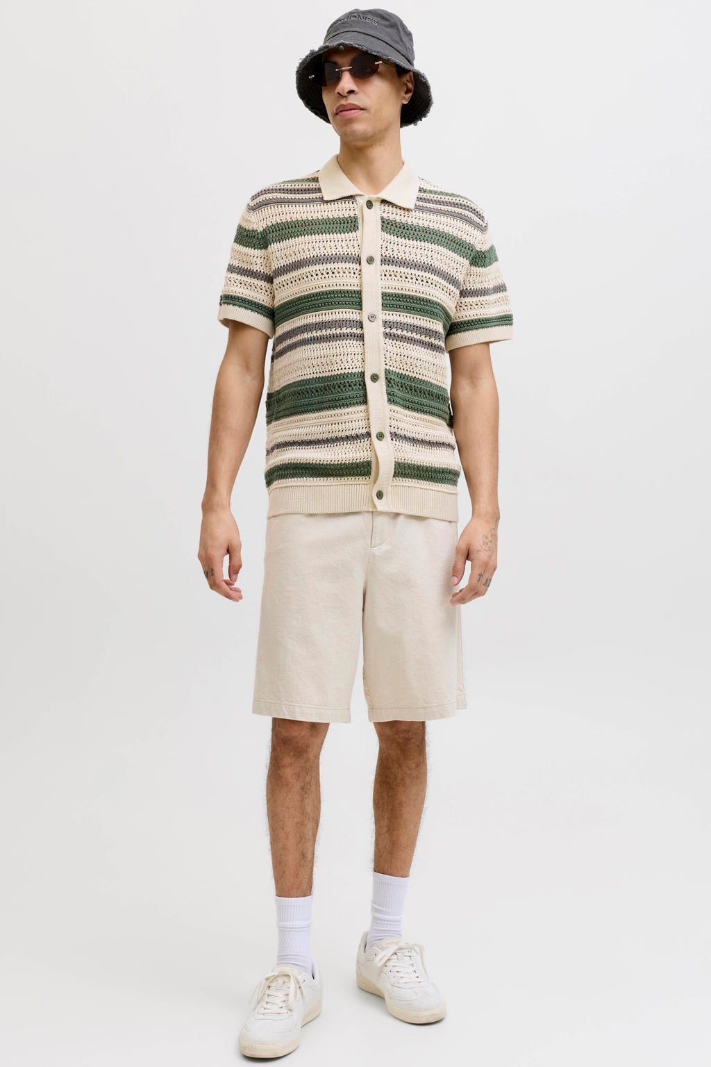 Groene heren JACK & JONES PREMIUM regular gestreept casual overhemd gebreid van katoen met korte mouwen, klassieke kraag en knoopsluiting