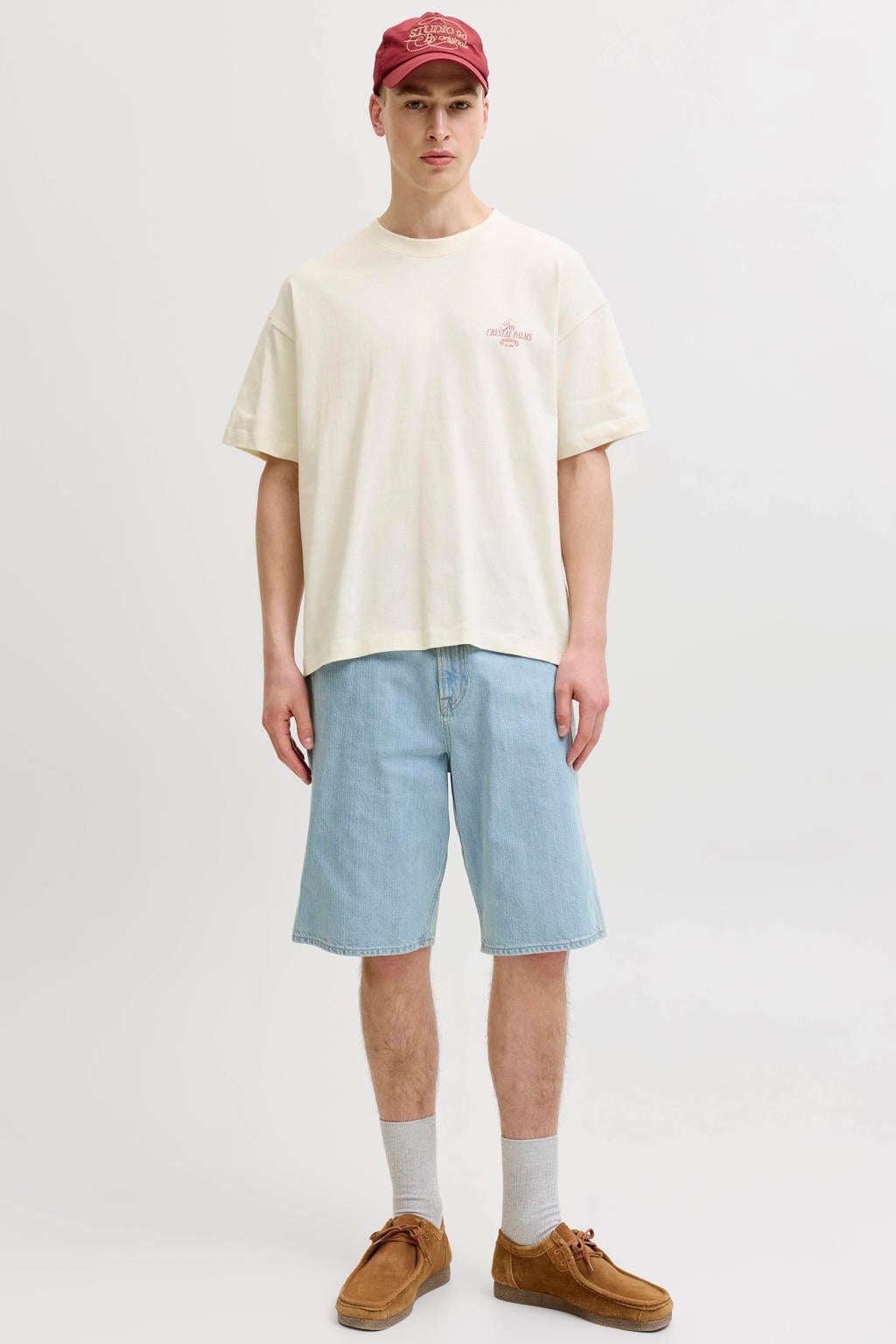 Beige heren JACK & JONES ORIGINALS relaxed fit T-shirt van katoen met korte mouwen en ronde hals