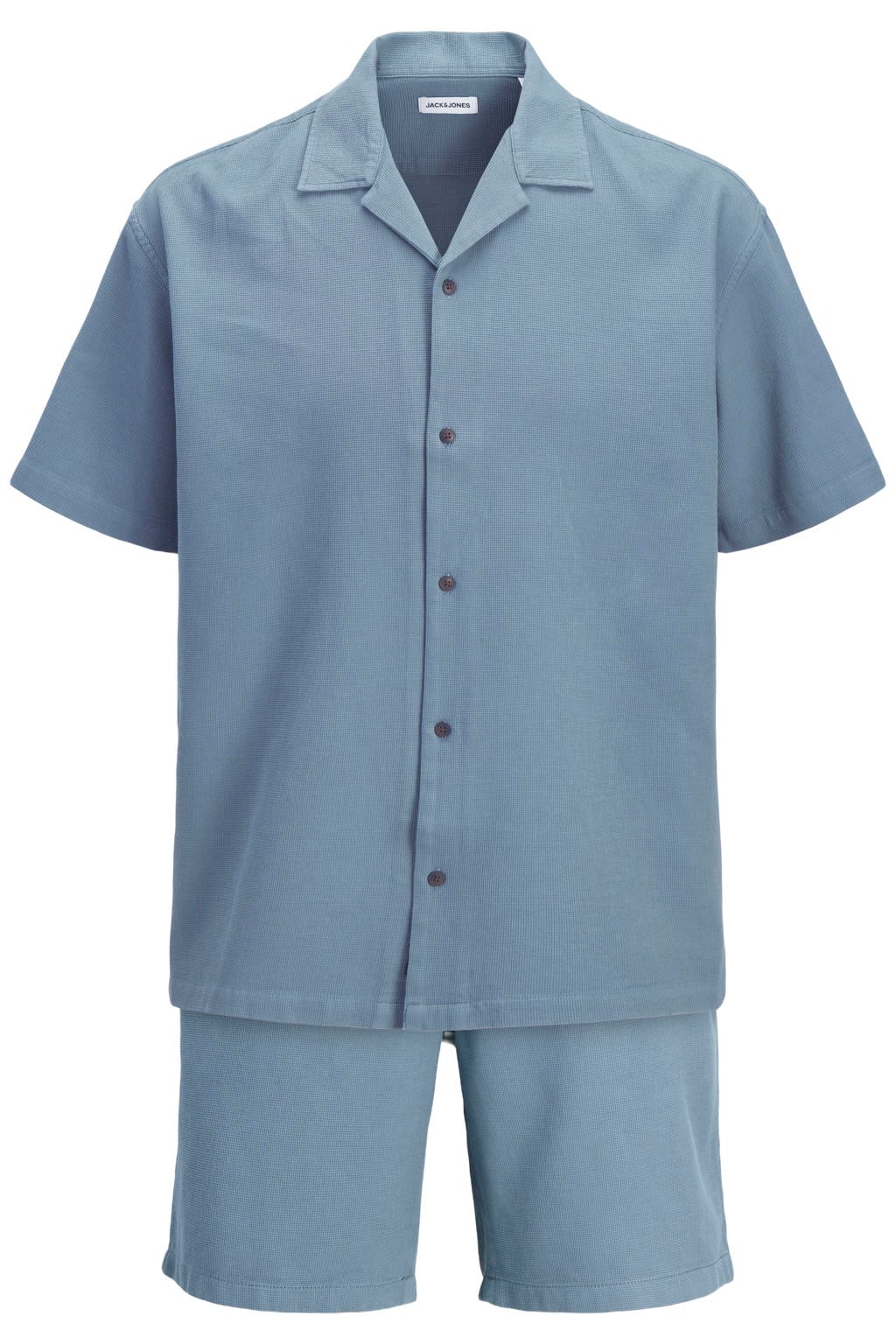 Set van 2 blauwe heren JACK & JONES relaxed casual overhemd van katoen met effen, korte mouwen, reverskraag, knoopsluiting en wafel