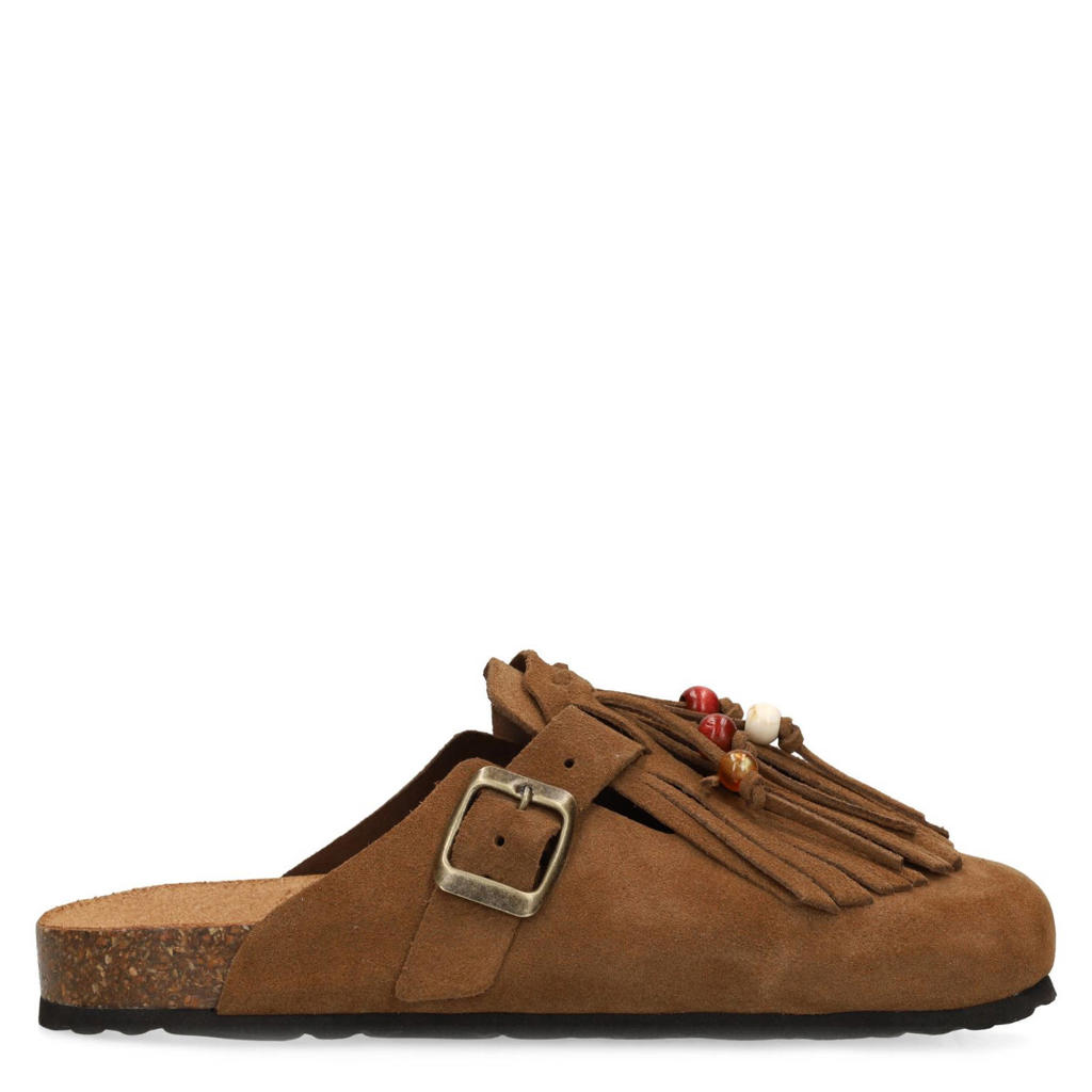 Cognackleurige dames Manfield suède clogs - met gesp