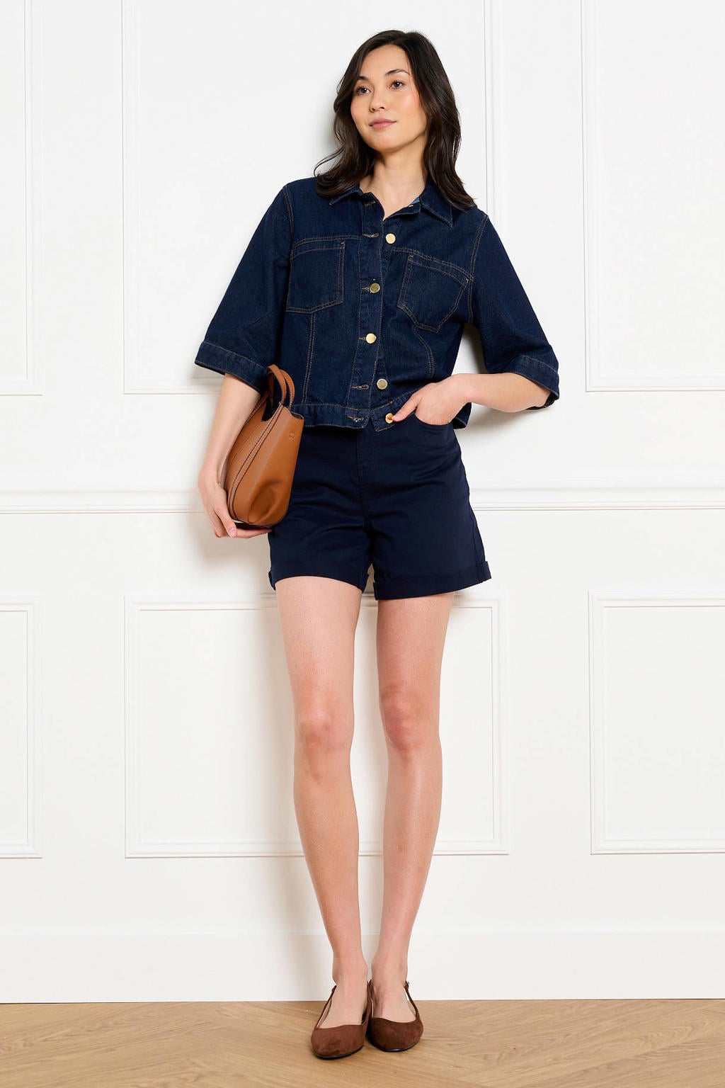 Donkerblauwe dames LOLALIZA regular low waist short van denim met rits- en knoopsluiting en effen