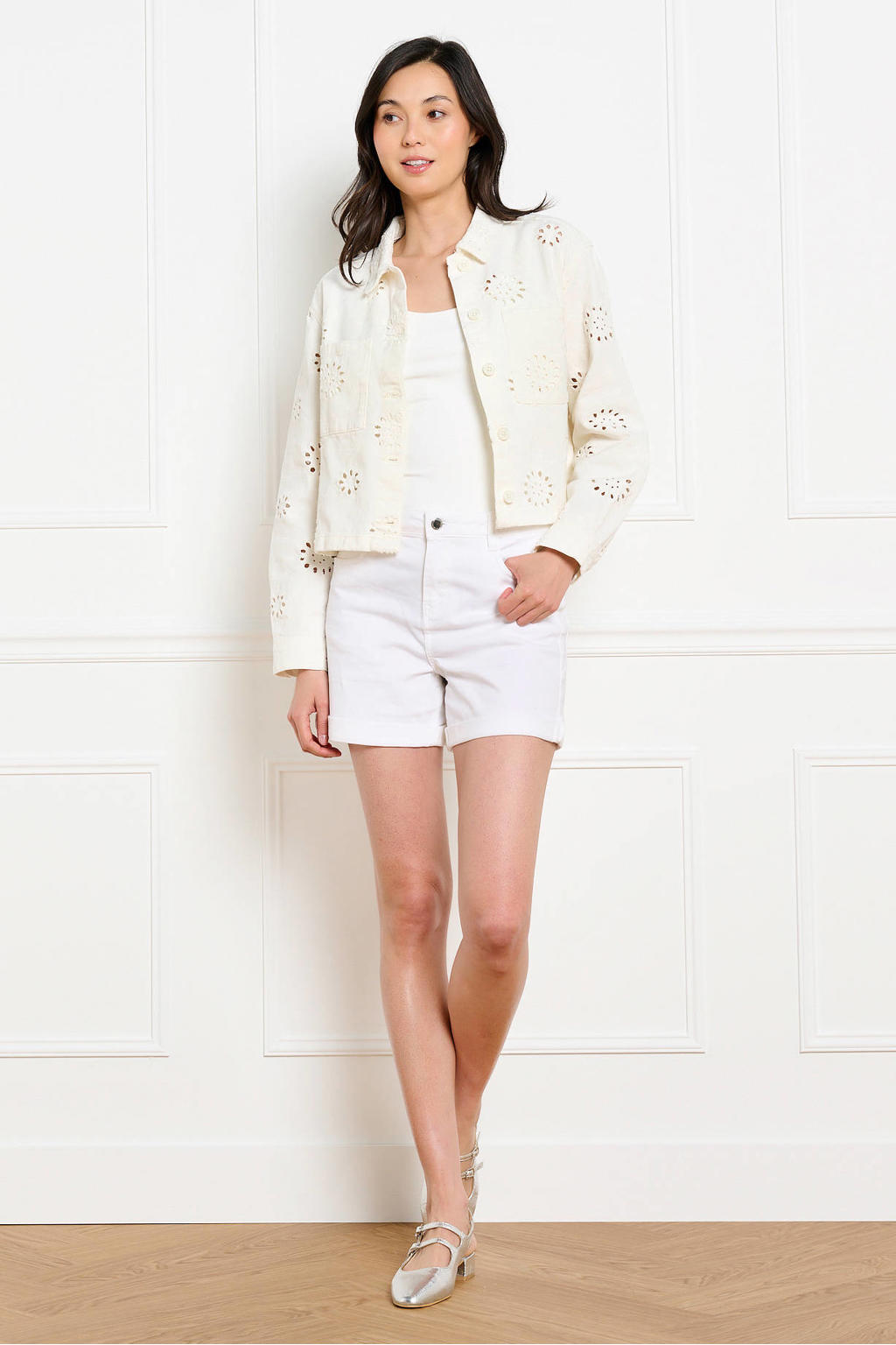 Ecru dames LOLALIZA regular low waist short van denim met rits- en knoopsluiting en effen