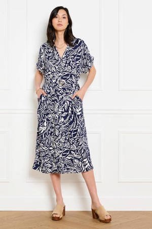 gebloemde midi jurk donkerblauw