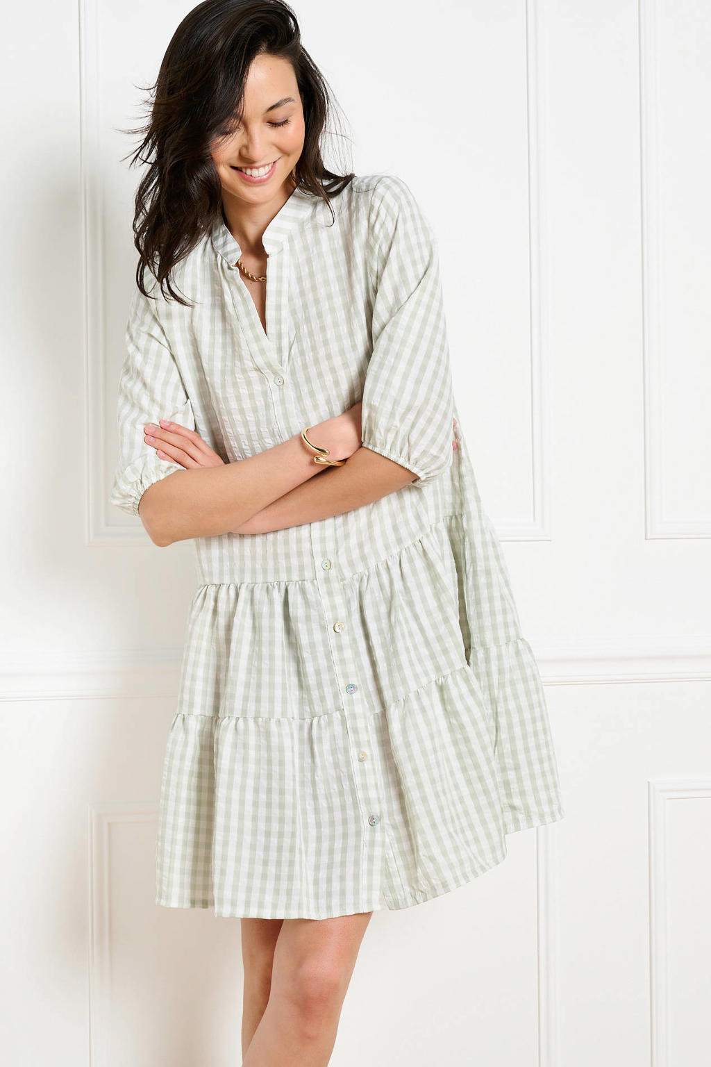 Lichtgroen en ecru dames LOLALIZA geruite mini jurk van polyester met half lange mouwen, button down sluiting en knoopsluiting