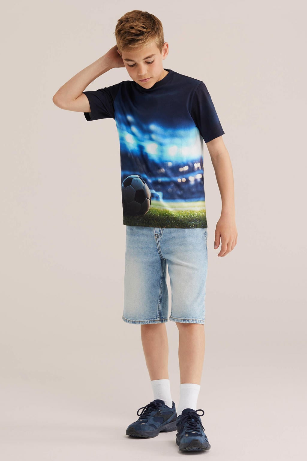 Donkerblauwe jongens WE Fashion T-shirt van katoen met korte mouwen en ronde hals