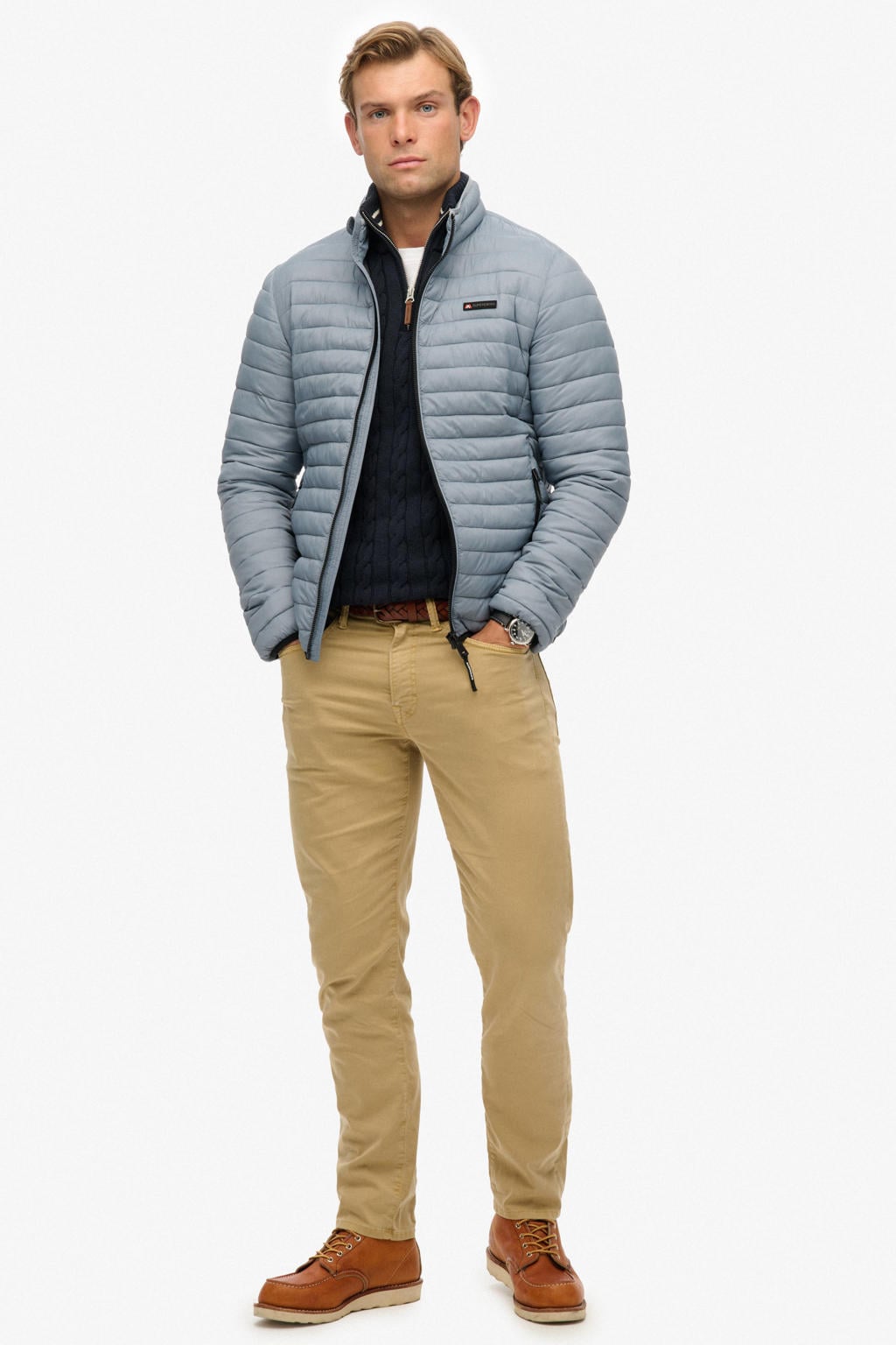 Lichtblauwe heren Superdry zomerjas van nylon met effen, lange mouwen, opstaande kraag, ritssluiting en doorgestikte details