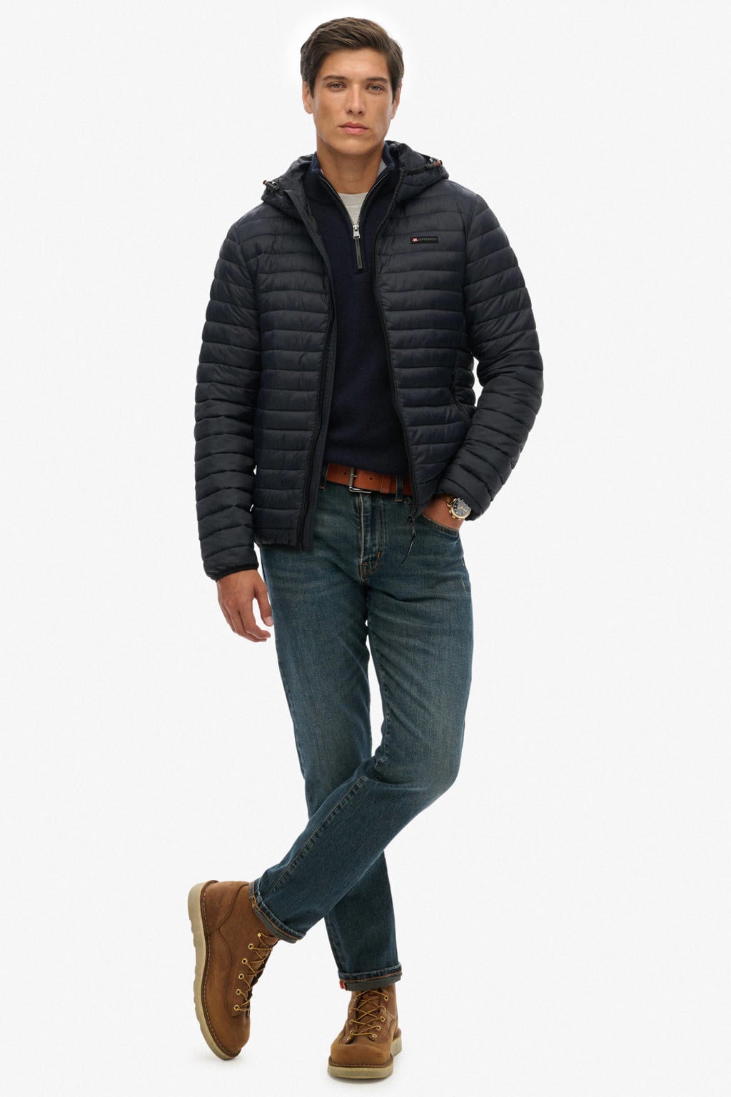 Donkerblauwe heren Superdry zomerjas van polyester met effen, lange mouwen, capuchon en ritssluiting