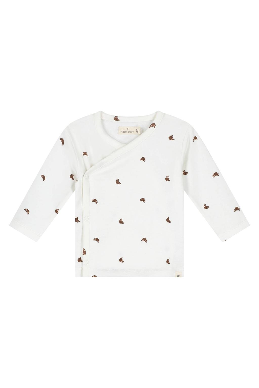 Wit en bruine jongens en meisjes A Tiny Story longsleeve van katoen met lange mouwen, V-hals en drukknoopsluiting