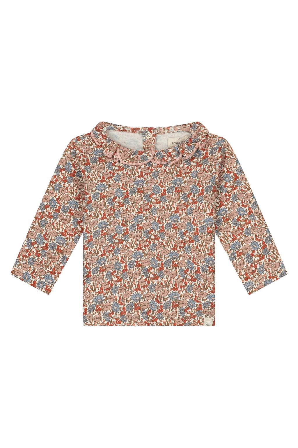Roze, beige en blauwe meisjes A Tiny Story rechtvallende longsleeve en print met lange mouwen, peter pan-kraag, drukknoopsluiting en ruches