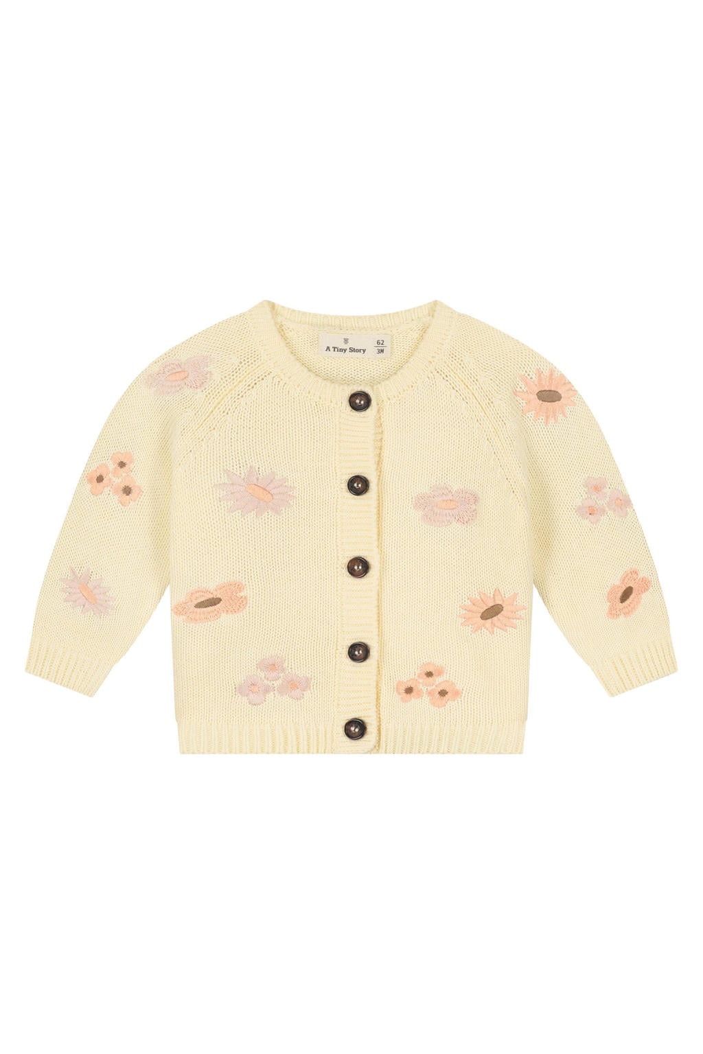 Lichtgele meisjes A Tiny Story katoenen rechtvallend gebreide vest met lange mouwen, ronde hals, knoopsluiting en borduursels