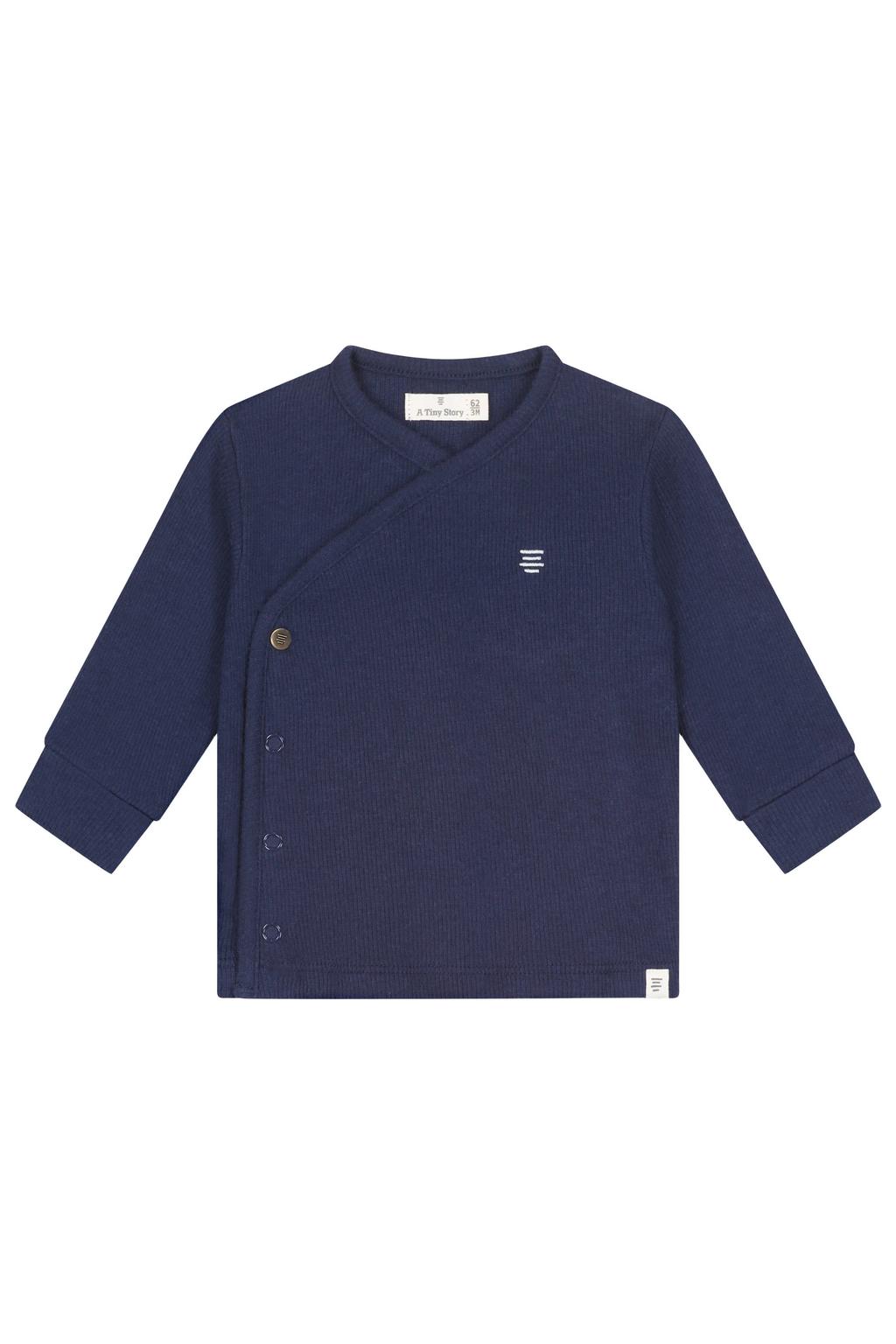 Donkerblauwe jongens A Tiny Story longsleeve van katoen met effen, lange mouwen, ronde hals, drukknoopsluiting en geribde boorden