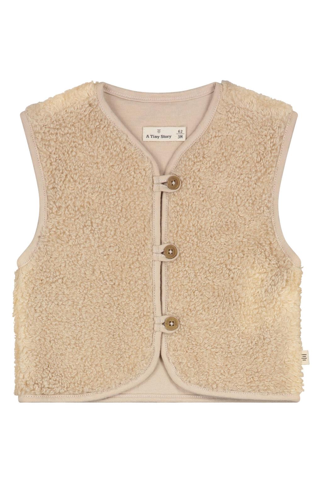 Lichtbruine meisjes A Tiny Story teddy gilet met effen, ronde hals en knoopsluiting