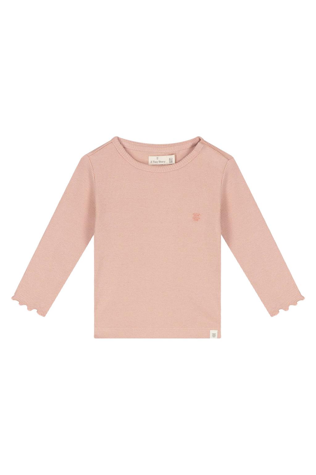 Oudroze meisjes A Tiny Story longsleeve van katoen met effen, lange mouwen, ronde hals, drukknoopsluiting en rib gebreide details