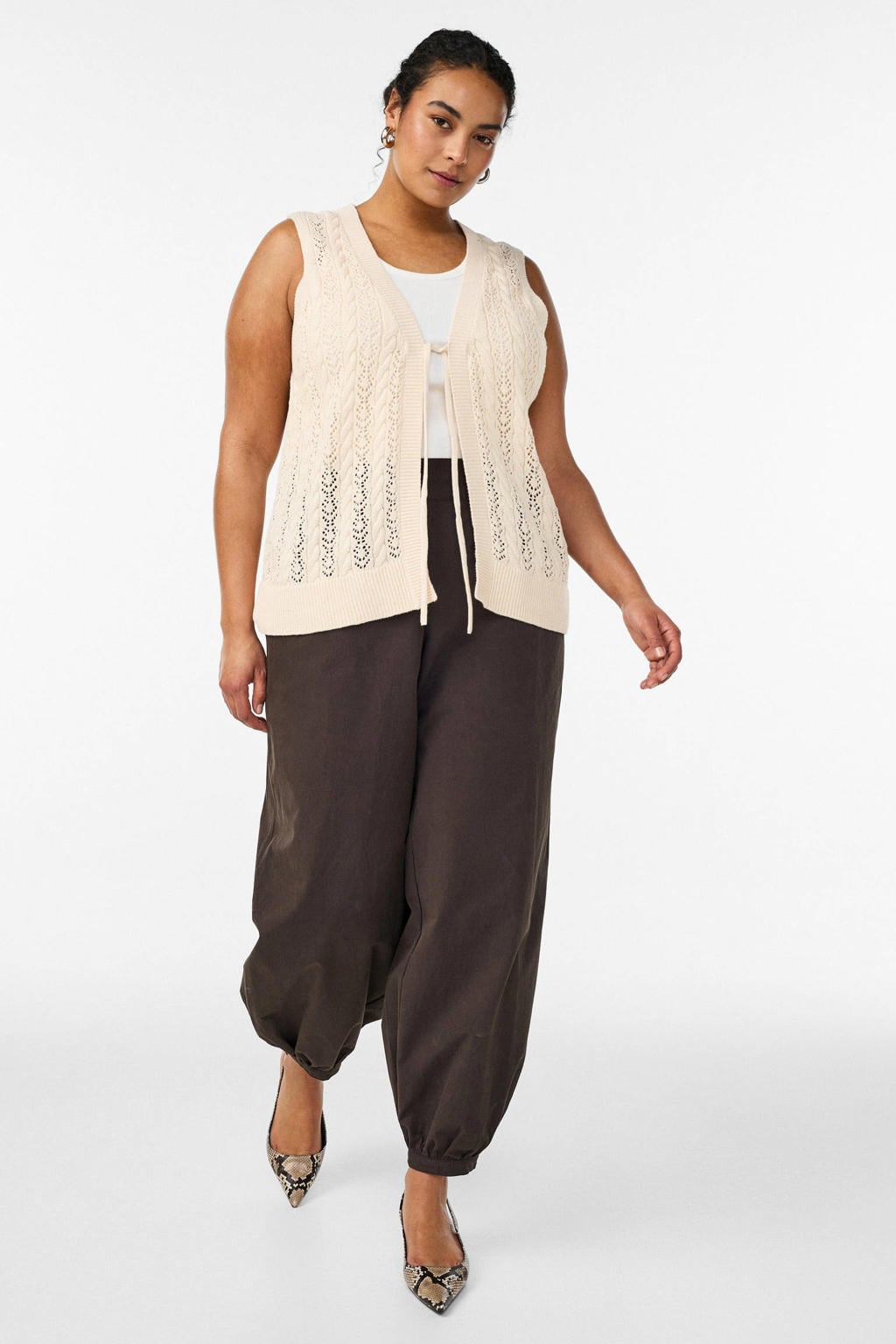 Beige dames Zizzi gilet van katoen met effen, V-hals, striksluiting en geribde boorden