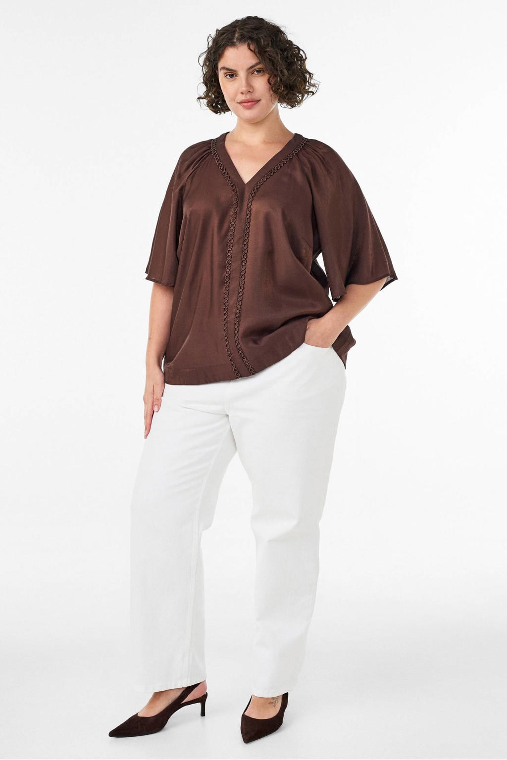 Donkerblauwe dames Zizzi blousetop van viscose met effen, half lange mouwen, V-hals, knoopsluiting en glimmend detail