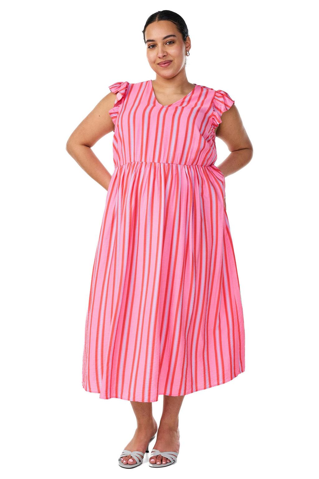 Roze dames Zizzi gestreepte blousejurk van viscose met V-hals, elastische inzet en ruches