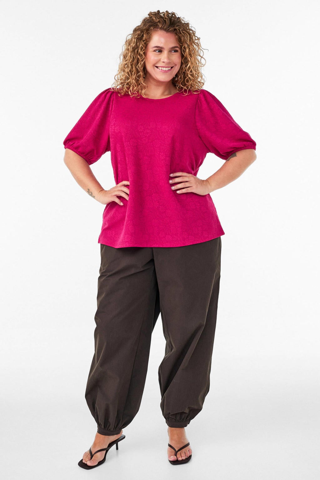 Fuchsia dames Zizzi gebloemde blousetop Plus Size van polyester met korte mouwen en knoopsluiting