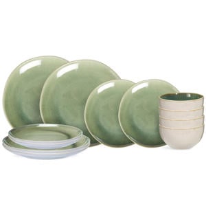 Serviesset Serene Green 12-delig / 4 personen - 4 dinerborden, 4 ontbijtborden en 4 kommen