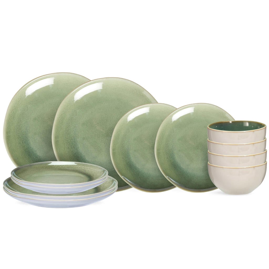 Cookinglife Serviesset Serene Green 12-delig / 4 personen - 4 dinerborden, 4 ontbijtborden en 4 kommen