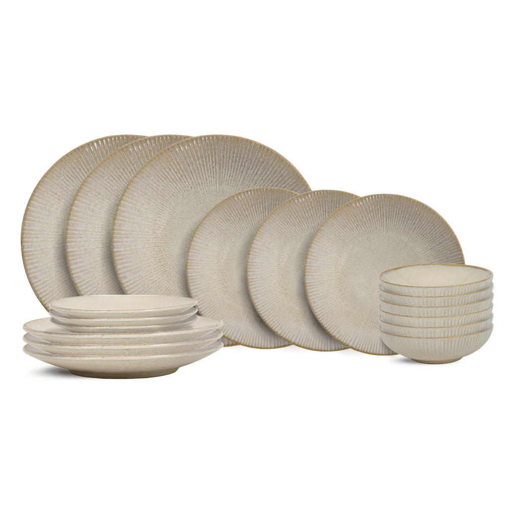 Cookinglife Serviesset Coastal Lines Ocean Beige 18-delig / 6 personen - 6 dinerborden, 6 ontbijtborden en 6 diepe borden
