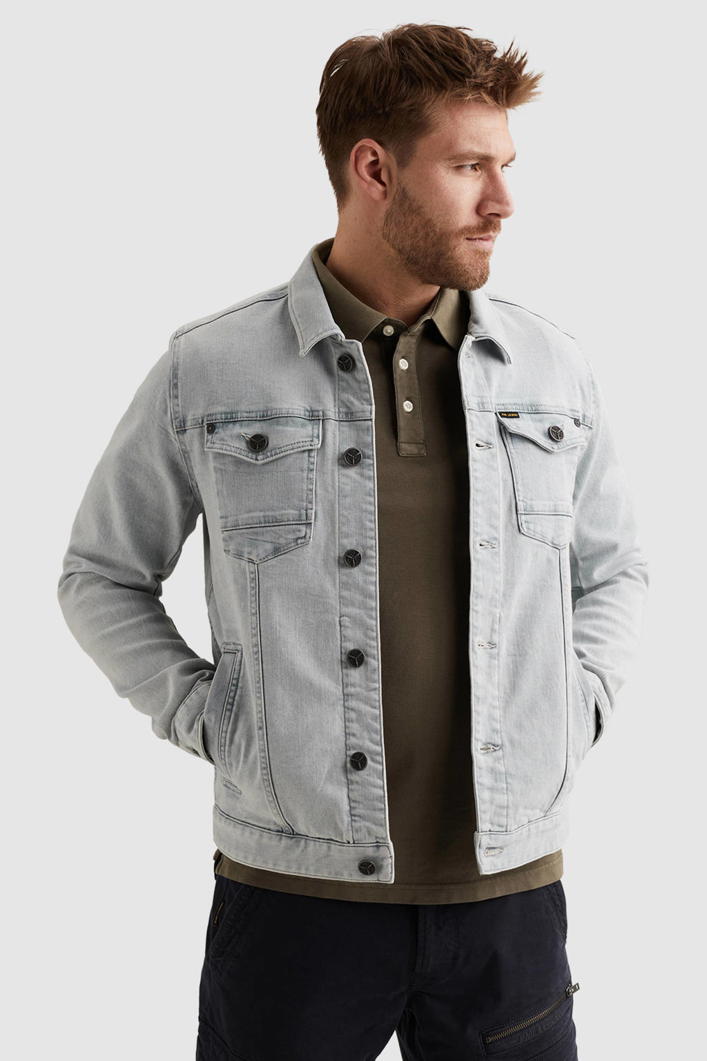 Light blue denim heren PME Legend spijkerjas van stretchdenim met backprint, lange mouwen, klassieke kraag en knoopsluiting