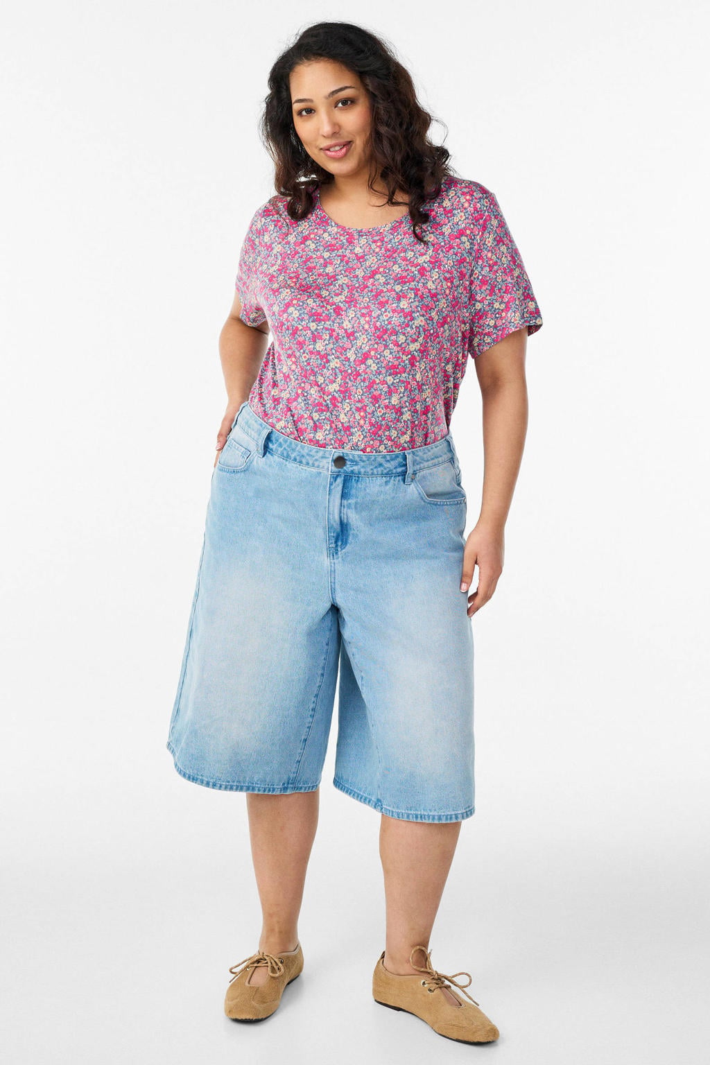 Roze dames Zizzi gebloemd T-shirt van viscose met korte mouwen en ronde hals