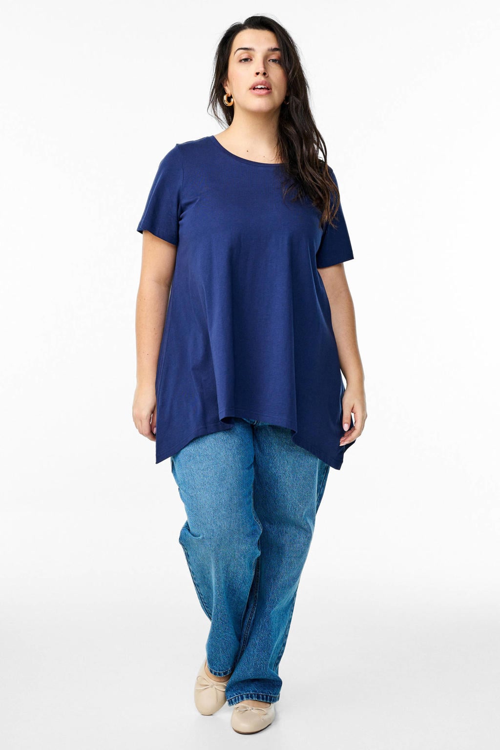 Donkerblauwe dames Zizzi T-shirt van katoen met tekst print, korte mouwen en ronde hals