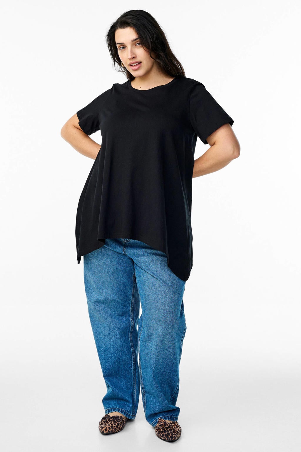 Zwarte dames Zizzi T-shirt van katoen met tekst print, korte mouwen en ronde hals