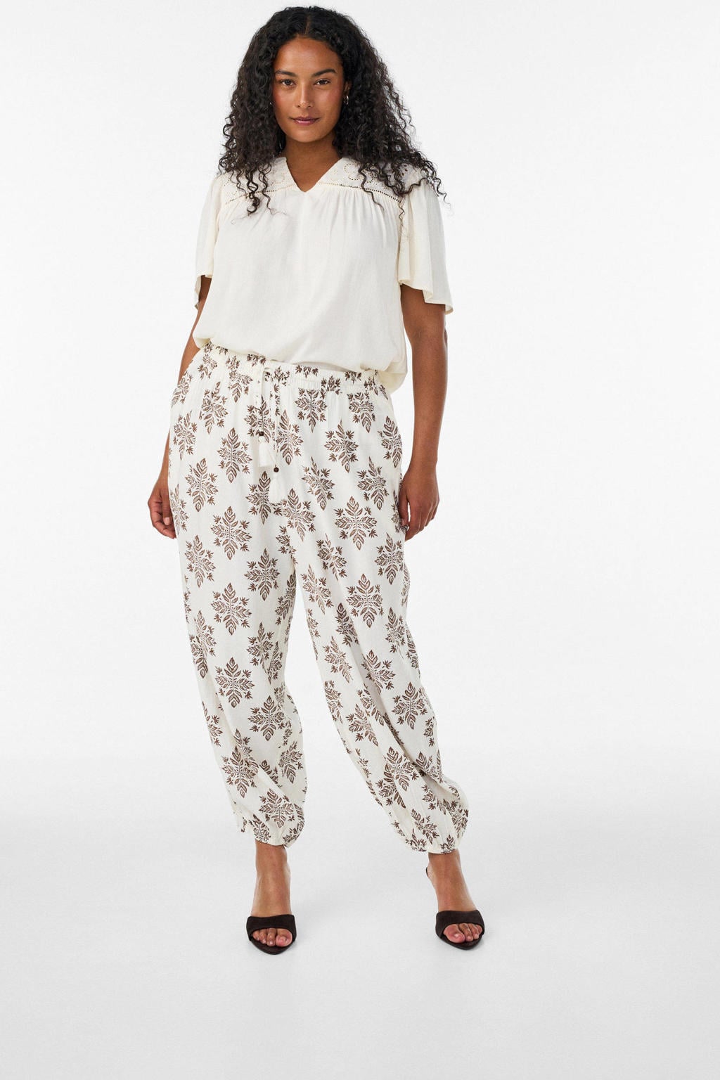 Zizzi viscose baggy broek Plus Size met print - ecru