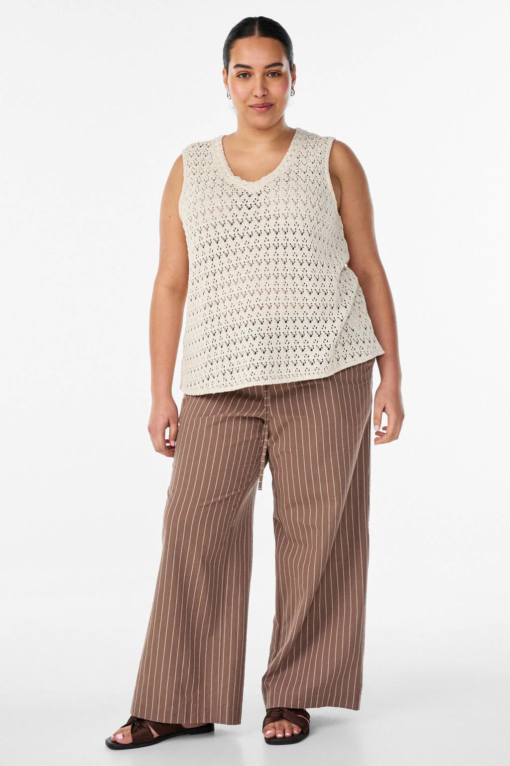 Beige dames Zizzi top grof gebreid van polyester met effen, V-hals en crochet