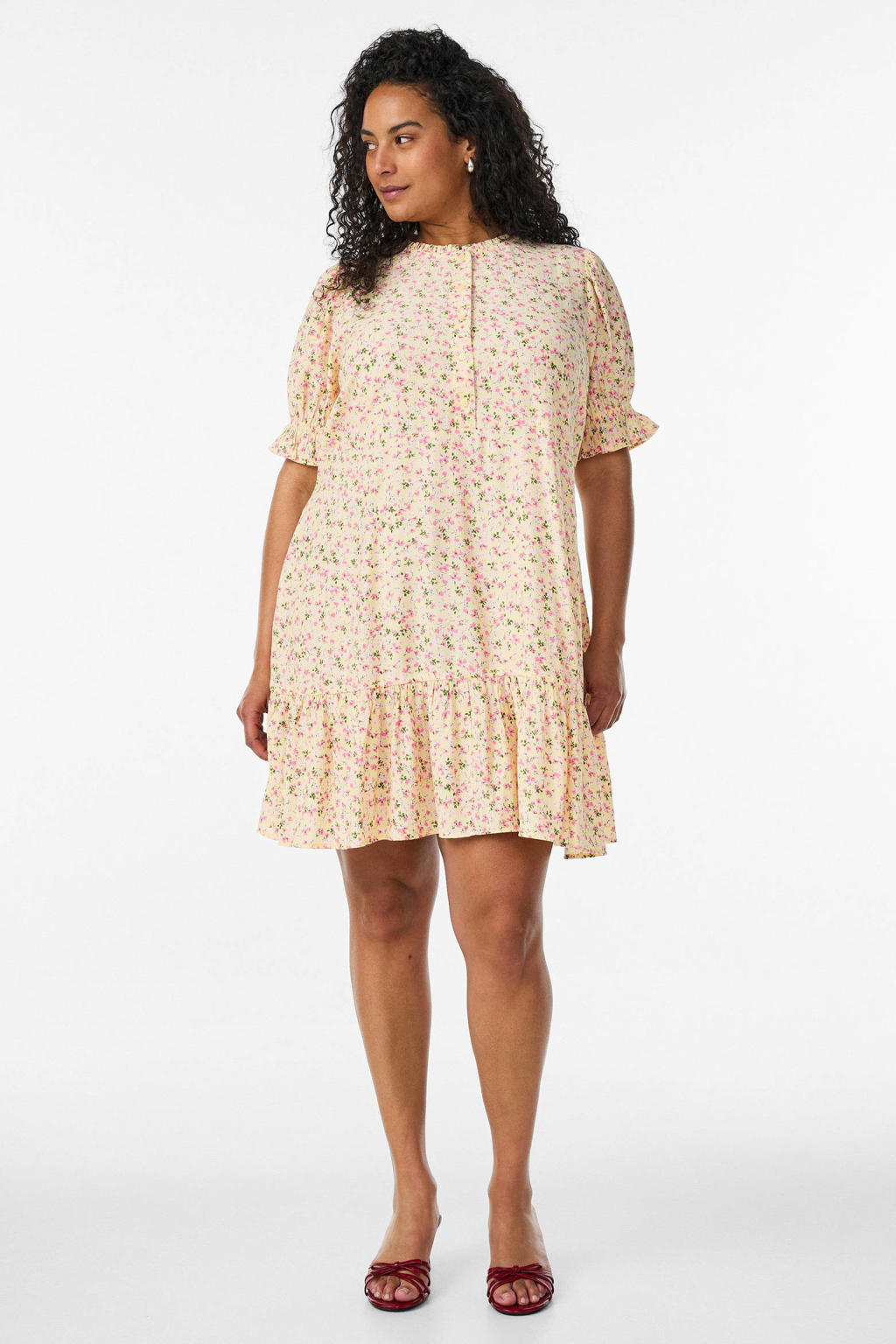 Lichtgele dames Zizzi viscose blousejurk Plus Size met effen, korte mouwen, opstaande kraag en elastische tailleband